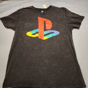 Playstation Men T-Shirt Medium Black Logo Video Game Console‎ SS Distressed